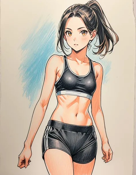 from front, female, white, Art, ad, colour pencil drawing, draft drawing, illustration, sports bra, short pants, flat chest