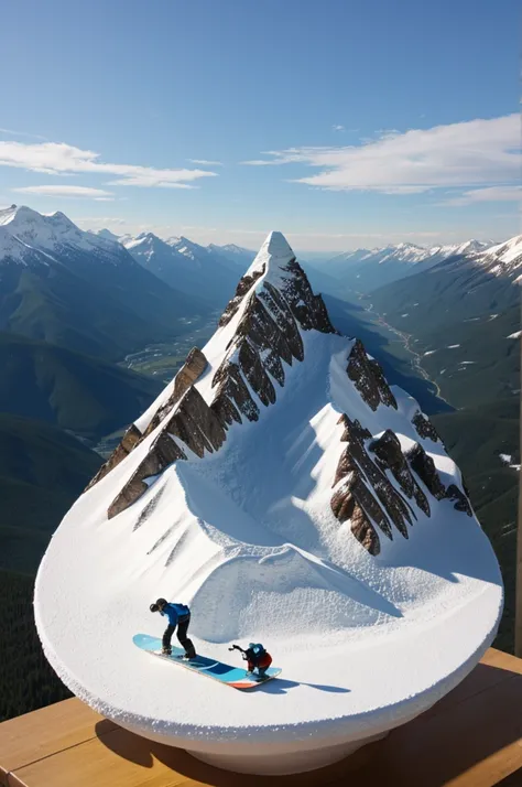 Ceramic sculpture of a mountain with a person snowboarding