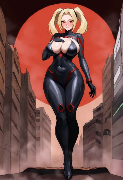 長い髪のbeautifulアニメ風の美女, (((Blonde)))Twin tail hair,(((Highest quality)))Transparent Hair,face of compassion,(((Red eyes)))Beautiful woman full of pleasure,(((A well-defined, glamorous body)))((Huge bust))Tight waist,(((光沢感あるRadical modern suitを着ている))),(((Rad...