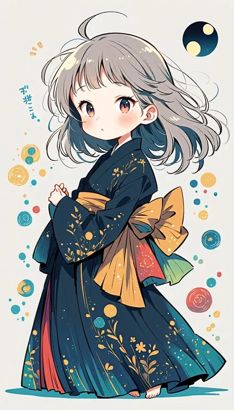 white background, Fujichoco style, black kimono, (((The Most Beautiful Girl))),  gray hair, ((full moon)), simple background, Simple line initialism, full body, 