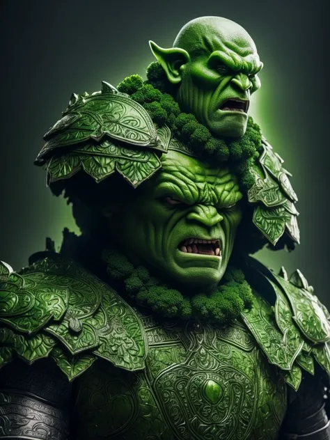 A man wrapped entirely in green broccoli,Skin color is green,Broccoli growing from head,The face is green,(Image of 1 person),cool,Holding broccoli,Broccoli Armor,Hero,A face full of anger,Muscular Orc,Broccoli hairstyle,