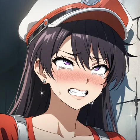 Bombietta basterbine,glory wall,front view,collarbone, rolling eyes, raised eyebrows, dilated pupils, tears, eyebrows behind hair, longeyelashes, earrings, open mouth, light smile, grin, embarrassed, blush, tongue, saliva trail, nose blush, anime, chiarosc...