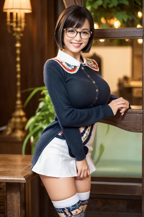 Wearing a miniskirt, Standing in knee-high socks. Black Bob Hair, Wearing glasses, Very large breasts, O cup or larger, Smiling Face, nsfw, Sophisticated atmosphere. The images are of the highest quality, Highly detailed realism and vibrant colors. Lightin...