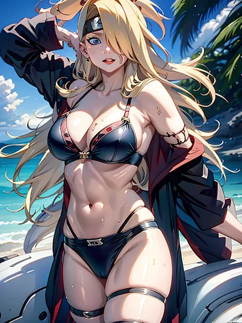 Deidara. women. 19 years. blonde. carmine red lips. Long hair. outlined blue eyes.  Long left side fringe. sexy, bikini. Perfect skin.