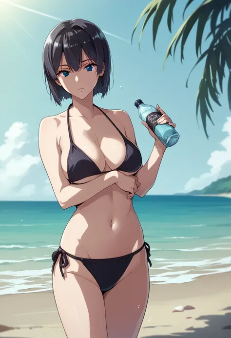 human, ((1girls)), 27 years old, beautiful, Short Hair, black hair, black eyes, black Bikini very medium , L cup breasts, ((white  skin)), 1m75, deserted, ((Takeda Hiromitsu style)), on the beach, holding a bottle of water,