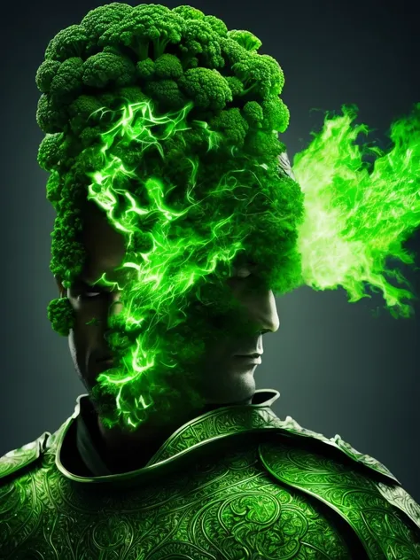 A man wrapped entirely in green broccoli,Skin color is green,Broccoli growing from head,The face is green,(Image of 1 person),cool,Holding broccoli,Broccoli Armor,Hero,A face full of anger,,Broccoli hairstyle,