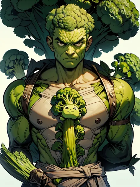 A man wrapped entirely in green broccoli,Skin color is green,Broccoli growing from head,The face is green,(Image of 1 person),cool,Holding broccoli,Broccoli Armor,Hero,A face full of anger,