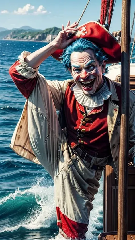 masterpiece, best quality, extremely detailed, hyperrealistic:1.1, photorealistic, a cool 40s man, ultra detailed face:1.2, red nose:1.2, long blue hair, red and white pirate hat, on detailed yacht, sea, kicking, dynamic pose, laughing