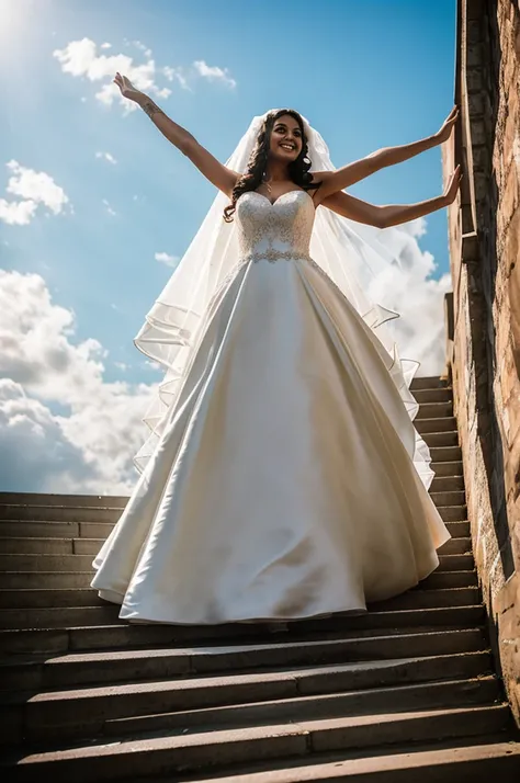 Woman dressed as a bride with a long back veil with her arms raised upwards climbing stairs to the sky between the clouds and a bright light in the background 