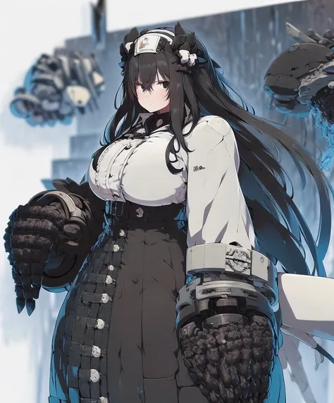 Anime, 1 girl, Fubuki, pale pure white skin, dead cold black eyes with shadows under them, fubukis long wavy black hair tied in long twin tails decorated by a white ribbon, expressive Brown eyes, busty, militarys uniform, large mechanical arms, mechanical ...