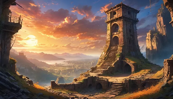 (anime, fantasy, portal),(best quality, highres, HDR:1.2),vibrant colors, mysterious atmosphere, sole weathered watchtower , crumbling down, debris, general shot, ethereal light, fantastical landscapes