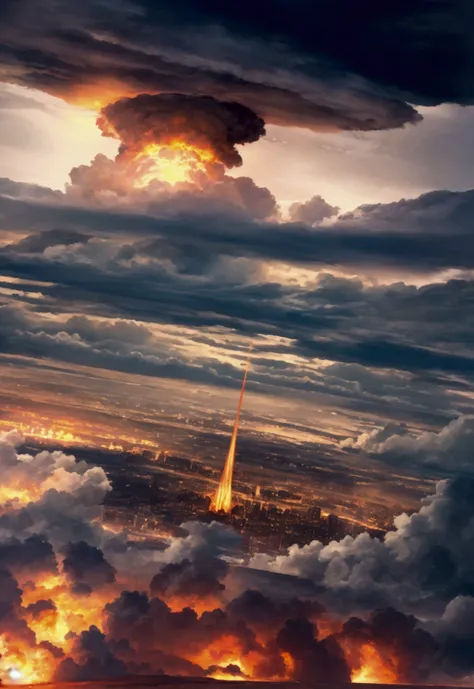 This description depicts a distant atomic explosion over a city, vue depuis une falaise. It creates an impressive cloud of rain. The scene is breathtaking, with landscapes of striking reality, des textures authentiques, Ultra-high-definition resolution, St...