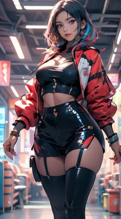 Anime Kawaii sexy Perfect Slim sensual body large breast and huge thighs, An intricate and highly detailed illustration of anime (Young girl). glare eyes, colorful bright hair, wearing science fiction jacket, anime styling, high détail, Futurism, shine lig...