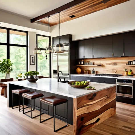 Design a sleek and modern kitchen with a distinctive live-edge wooden island countertop. The kitchen should feature white cabinets and black countertops for a contemporary aesthetic. Add geometric bar stools and pendant lights above the island for a stylis...