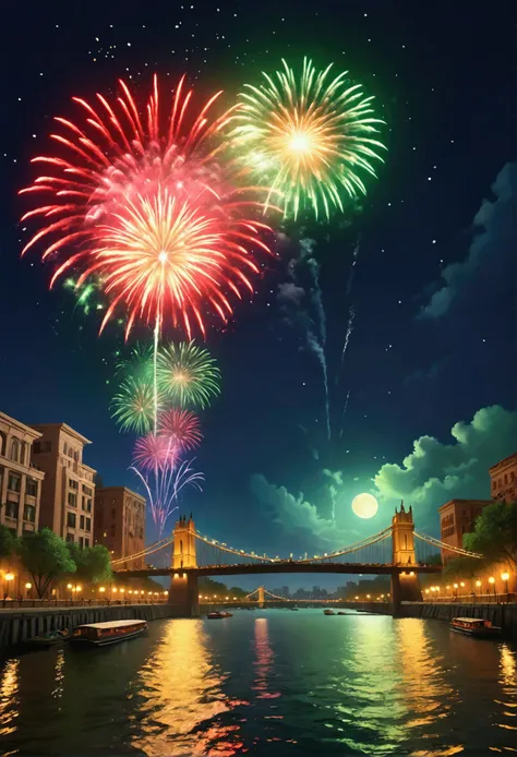 A breathtaking night sky filled with vibrant fireworks、The river that flows underneath、A beautiful full moon highlighting the colorful fireworks、Bright red、green、Heart-shaped fireworks bursting in yellow tones、The night sky is completely lit up in an awe-i...