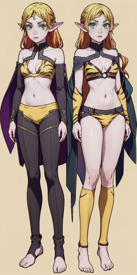 tsundere elf full body toe to head, long hair, blonde hair (green eyes:1.1) pointy ears, elf, multicolored hair, forehead jewel, yellow tiger bikini, standing symmetrical, plain background