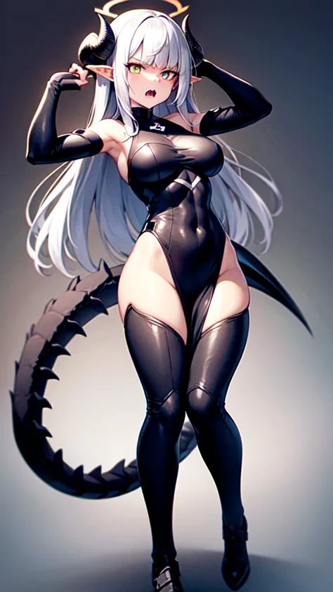 masterpiece, high quality, 4K, HDR, armored dress knight, black halo above head, black horns on head, A black dragon tail is growing, large black wings on back, Silver hair, intake hairstyle, blunt bangs, long hair, disgruntled expression, crimson eyes, na...