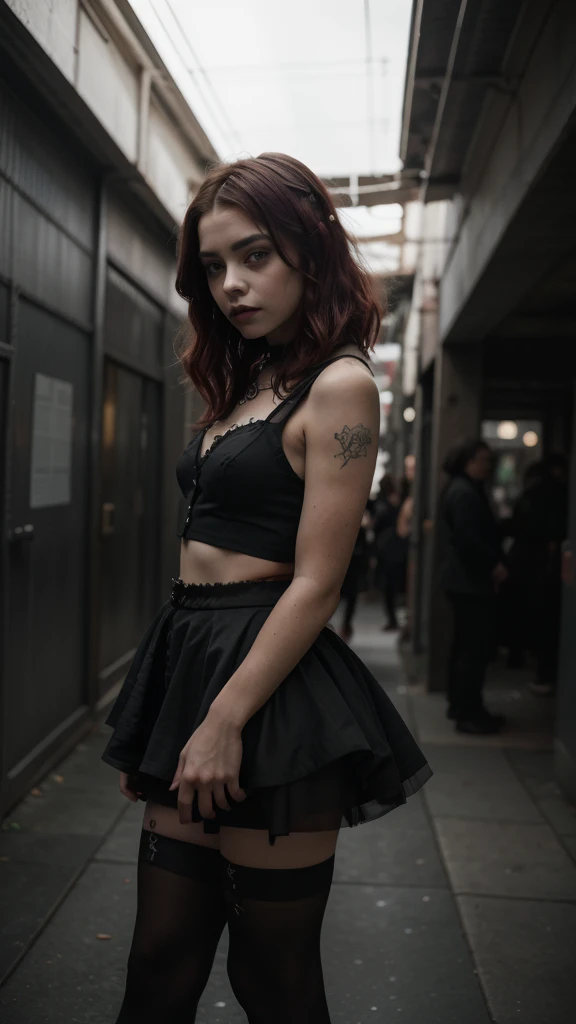 14 year old young sexy girl, red mushroom-shaped hair in gothic style, similar to chloë grace moretz, two-piece goth dress, mini...