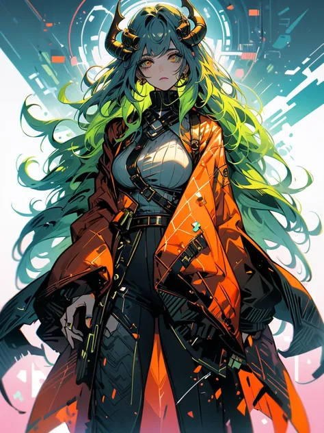 ((live 2D))  masterpiece, 1girl, full body, stands straight, steampunk clothes, military clothing, looking at viewer, detailed face, girl with green wavy hair, bangs, metal sheep horns, gradient hair, multicolored hair, light green hair, turquoise hair tip...