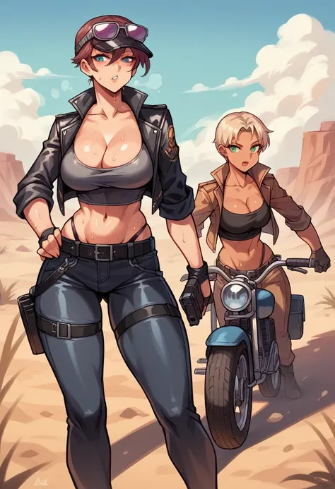 A hot women, in desert hot weather, wearing leather jacket , , big , sexy women, hot weather hot women, cleavage, covered in sweat , extreme beautiful women, standing with a gun, and a bikers gang on bikes, shes holding a pistol, is standing behind her, in...