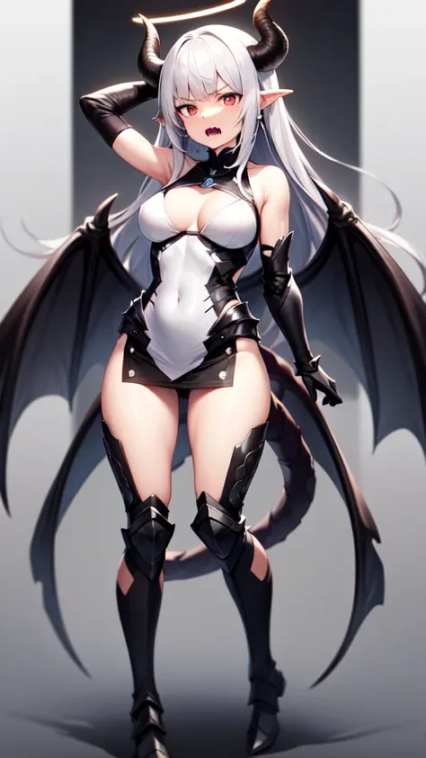 masterpiece, high quality, 4K, HDR, armored dress knight, black halo above head, black horns on head, A black dragon tail is growing, large black wings on back, Silver hair, intake hairstyle, blunt bangs, long hair, disgruntled expression, crimson eyes, na...