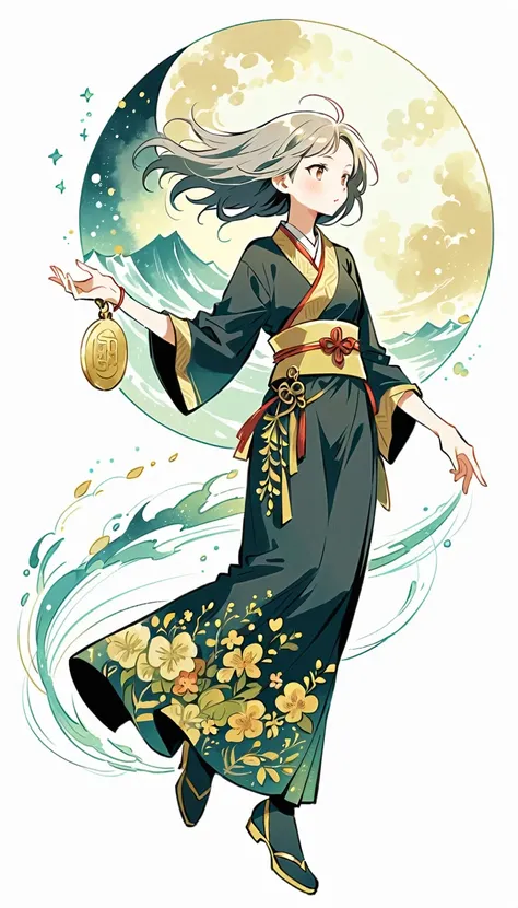 white background, Fujichoco style, black kimono, (((The Most Beautiful Girl))),  gray hair, ((full moon)), simple background, Simple line initialism, full body, black tone, Gold Medal,