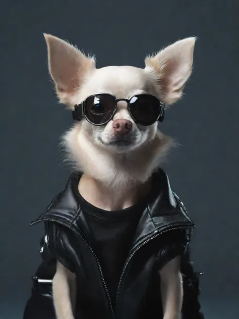 chihuahua dog in minimalist style, cyberpunk wears cheeks . simple, clean, rectify, modern, black t-shirt