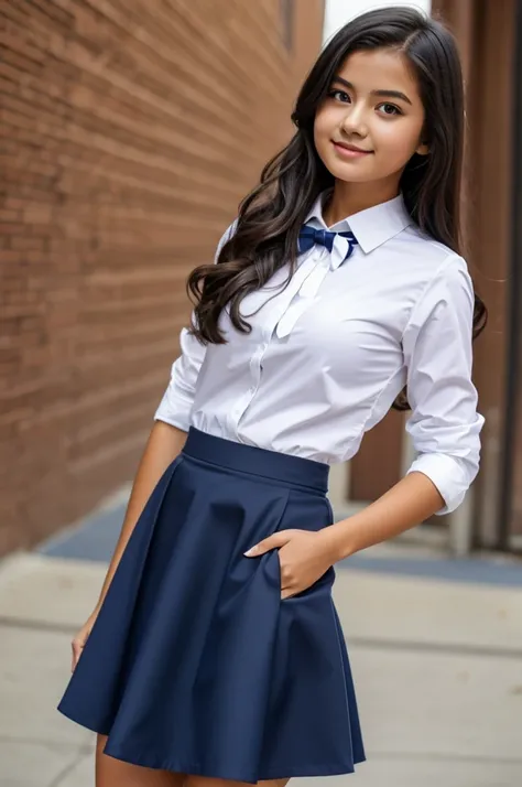 Student with white shirt. Flirty bow on blue collar.. Navy blue skirt and bitts
