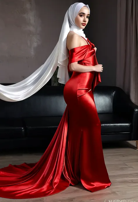 a woman in the red silk gown, tied with satin, tied tightfull body,wear hijab, half neked,mermaid tight long gown, flowy dramati...