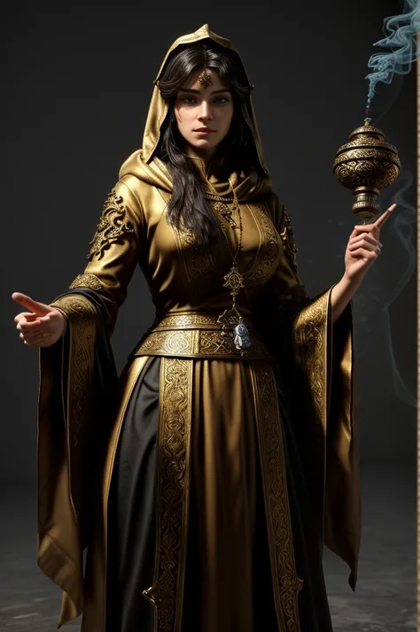 1 character, rpg fantasy, fantasy race. in darkness, holding an taliman in front her face. the talisman is a relic,a incense burner, censer, divine symbol, that shiny bright and conjuring a falling smoke. priest, hood, light reflect in face and eyes, serio...