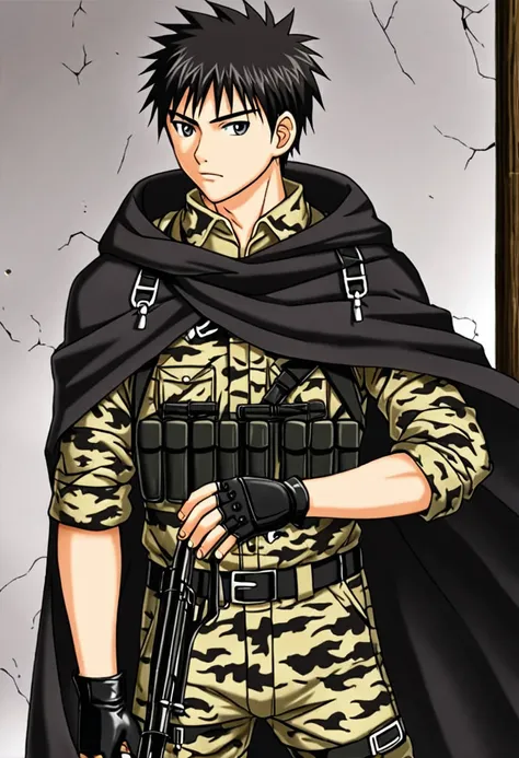 Best quality, anime style, source_anime, solo, 1boy, archer with a black camouflage-style cloak,