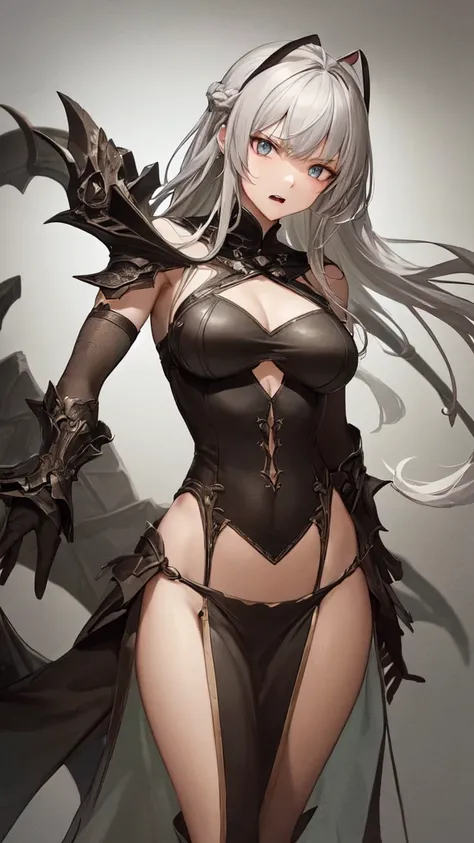 masterpiece, high quality, 4K, HDR,, A female knight wearing an armored dress BREAK Black halo above head, black horns on head, black dragon tail growing, large black wings on back BREAK Silver hair in an updo hairstyle with blunt bangs, long hair, disgrun...