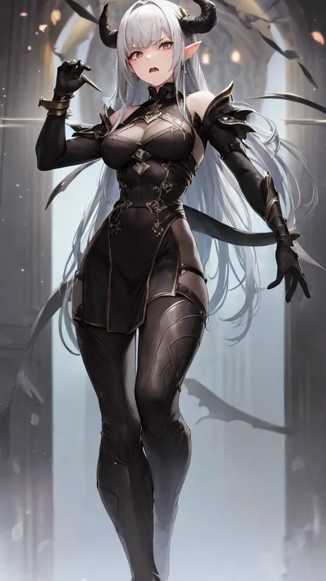 masterpiece, high quality, 4K, HDR,, A female knight wearing an armored dress BREAK Black halo above head, black horns on head, black dragon tail growing, large black wings on back BREAK Silver hair in an updo hairstyle with blunt bangs, long hair, disgrun...