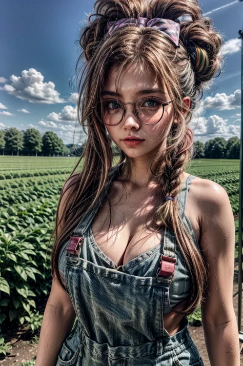 1 girl, brown hair, ponytail, multicolored hair, (pink hair highlights:0.8), farm girl, sexy farmer overalls, cleavage, round eyewear, glasses, streets, green eyes, solo, farm field, standing, arms behind back