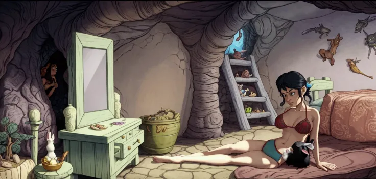 there is a woman in a bikini laying on a bed, point-and-click adventure game, todd schorr, by Krzysztof Boguszewski, digitally painted, todd schorr highly detailed, in his hobbit home, animated film still, interior of a hobbit hole, alice goes down the rab...