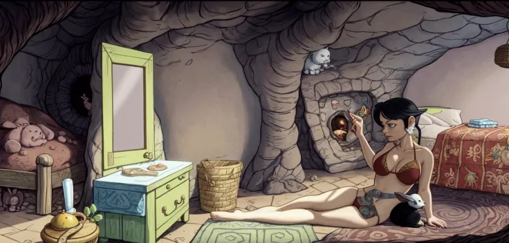 there is a woman in a bikini laying on a bed, point-and-click adventure game, todd schorr, by Krzysztof Boguszewski, digitally painted, todd schorr highly detailed, in his hobbit home, animated film still, interior of a hobbit hole, alice goes down the rab...