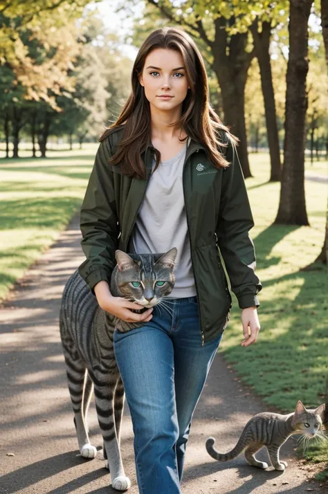 20 year old woman with brown hair and blue eyes, walking in the park with his gray cat with emerald green eyes 