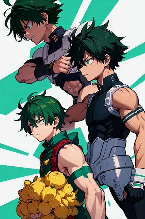 He is a 17 year old teenager, He has slightly disheveled very black hair..., somewhat light green eyes, (front angle ) , muscular body , He is dressed in the anime uniform. "my hero academia",