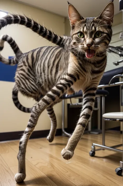 cat with long spiky spider legs in their mouth and with twisted body in a hospital hall