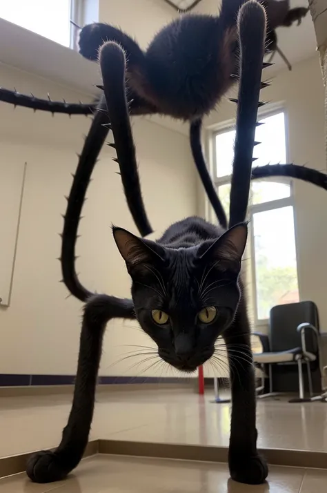 cat with long spiky spider legs in their mouth and with twisted body in a hospital hall