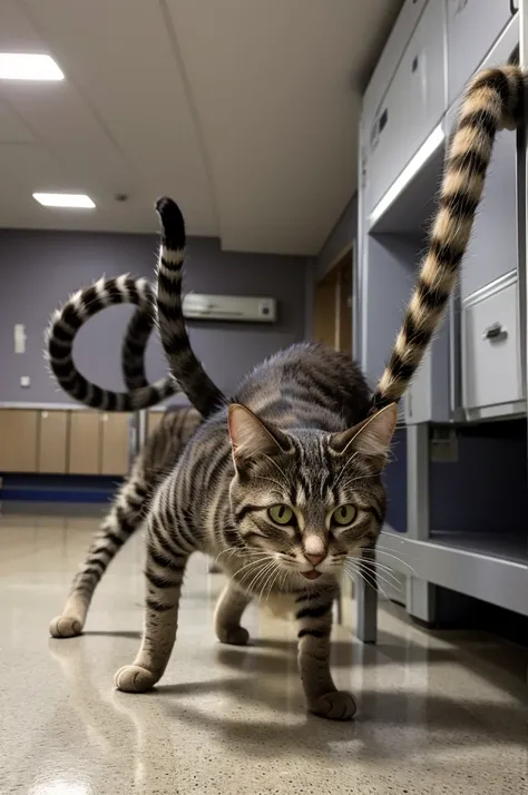 cat with long spiky spider legs in their mouth and with twisted body in a hospital hall