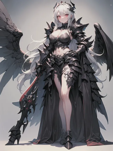 (((masterpiece, best quality, 16k)))queen power armor , (gothic style), full body view , bellybutton, The most beautiful and sexy demon goddess, long white hair, glowing red eyes, wearing detailed black gothic battle armor, black angel wings, tattoos and p...