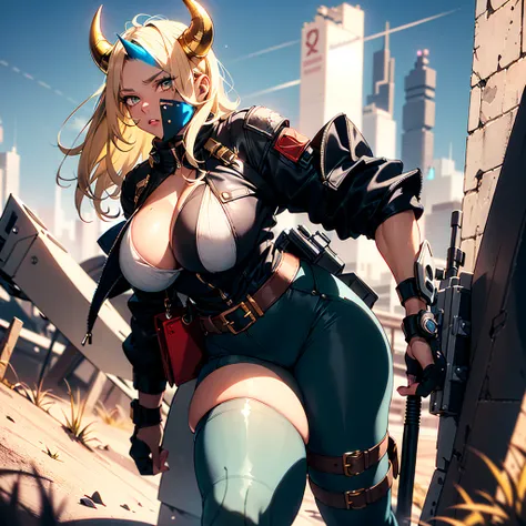 ((best quality)), ((masterpiece)), (detailed), 1girl, 8k_wallpaper, extremely detailed eyes, extremely detailed body, beautiful face, perfect face, detailed ((blonde hair)), (gold eyes), ((large big red and blue horns)), {{dark skin}}, ({dark skinned femal...