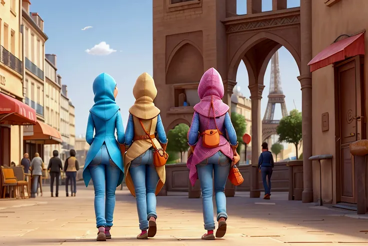 in paris, one arabe woman covered head, walking hapy in the street, back view, 30mm lens, extreme details, 3D pixar