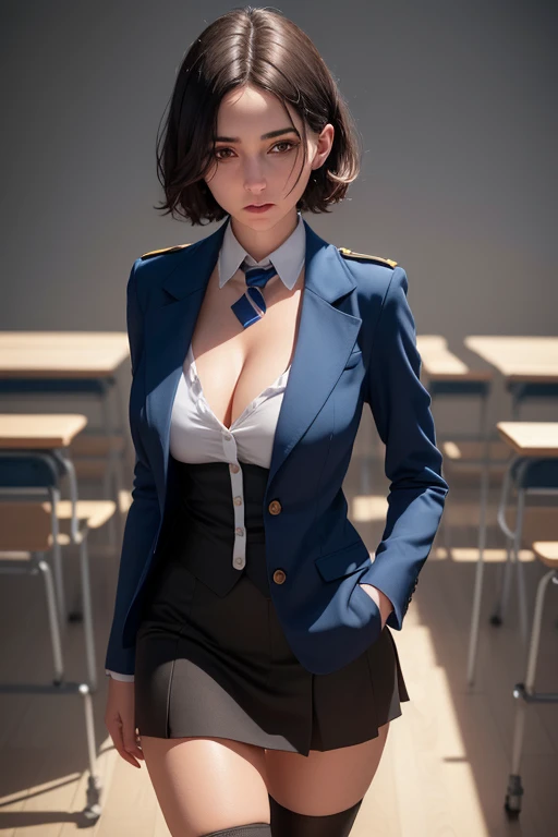 1girl, beautiful young woman, black short hair, large bust, cleavage, messy blue blazer uniform, tie, tight skirt, knee socks, standing in anatomy club room, looking at viewer, sweet expression, human body drawings on blackboard, (best quality, 4k, 8k, hig...