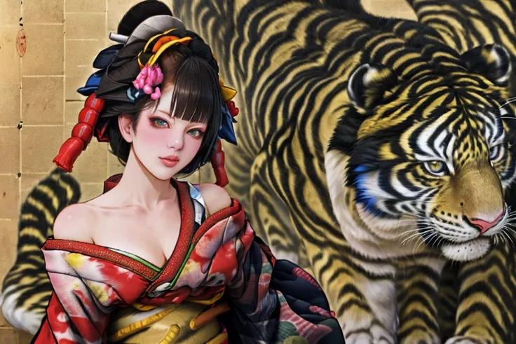 1 Girl, alone, Oiran, Maiko, country, Looking at the audience, short hair, Brown eyes, Brown Hair, Black Hair, hair ornaments, Upper Body, kimono, Blunt bangs, kimono, sash, Compensate, Bob cut hair, background with white Tiger, (((bare shoulders:1.2))),