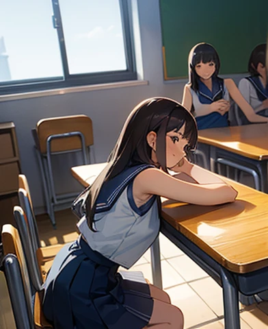 Many girls in class wearing sleeveless school uniform