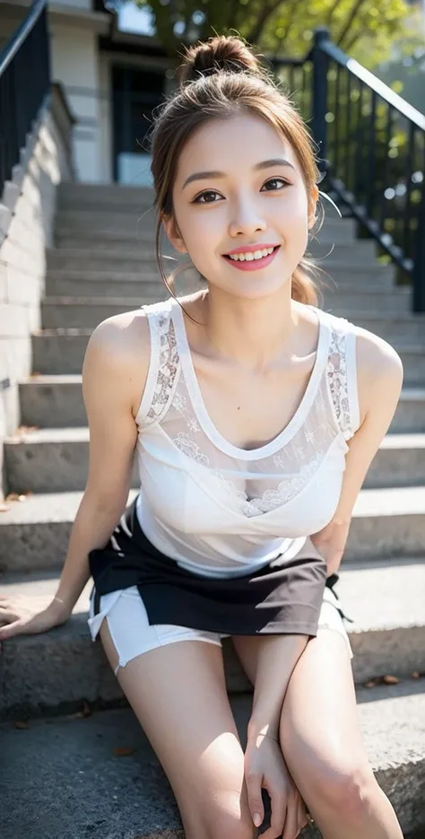 8K picture quality、high resolution、Realistic skin texture、high resolutionの瞳、Miss、Miss in the Japanese summer forest、Sleeveless knitted shirt、Short pleated skirt,Thin legs、sports shoes,Princess hairstyle、Thin、From below,From the front,Middle-parted bangs,qu...