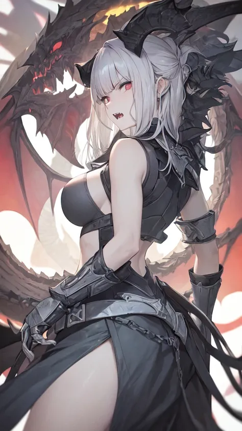 masterpiece, high quality, 4K, HDR,, A female knight wearing an armored dress BREAK Black halo above head, black horns on head, black dragon tail growing, large black wings on back BREAK Silver hair in an updo hairstyle with blunt bangs, long hair, disgrun...