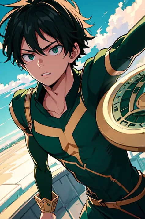 beautiful detailed green eyes, beautiful detailed lips, extremely detailed eyes and face, 1 boy, 17 year old teenager, slightly disheveled very black hair, muscular body, front angle, anime uniform, my hero academia, (best quality,4k,8k,highres,masterpiece...